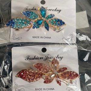 Pink and blue rhinestone hair clips